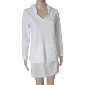 Weekends by Chico's Hoodie white rhinestone Knit long sleeve Top V neck size 0